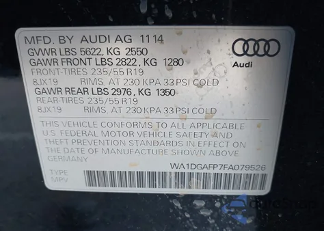 2015 Audi Q5 3.0T Premium Plus из США, поврежденный, VIN WA1DGAFP7FA079526